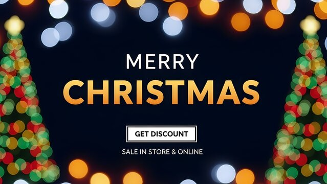 Merry christmas greeting card design with bokeh light border and abstract glowing christmas tree illustration on dark background for holiday sale promotion