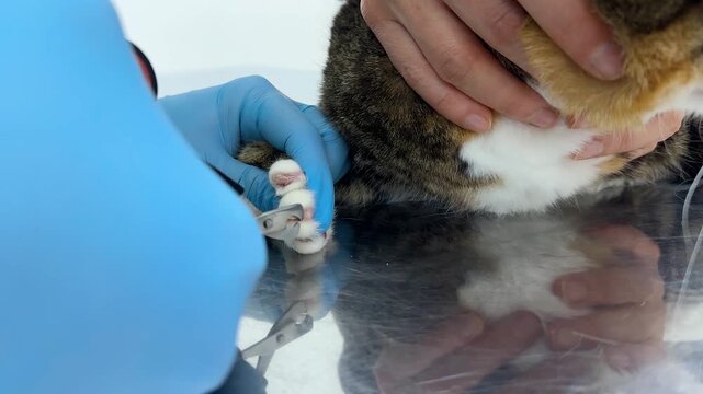 Veterinarian performs cat sharp nail trimming procedure. Closeup of groomer in rubber gloves cuts kitty claws with claw cutter. Cat manicure. Pet care, grooming. 