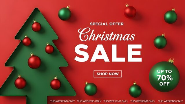 Festive christmas sale banner with green cutout tree and red and green ornament decoration on a vibrant red background for holiday promotion
