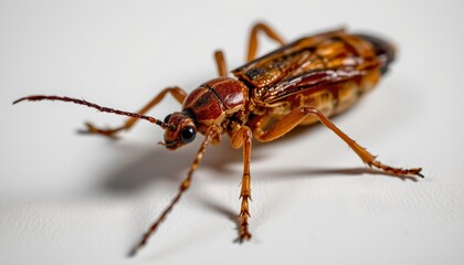 A close up of a beetle resting on a surface, captured in high detail that showcases its intricate patterns and texture.