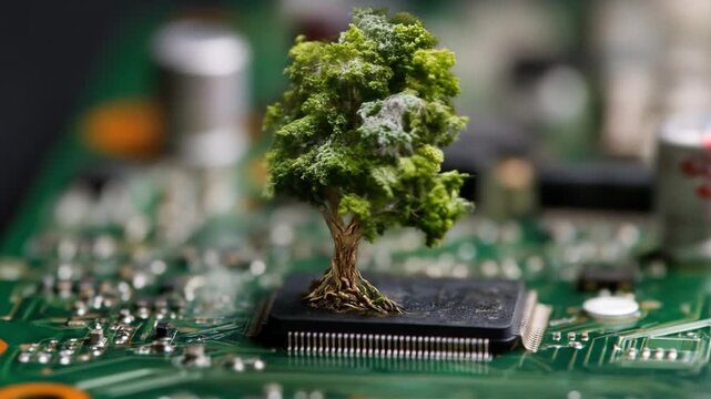 Miniature tree sprouts from a microchip on a green PCB, amid blurred electronics and circuitry tiny