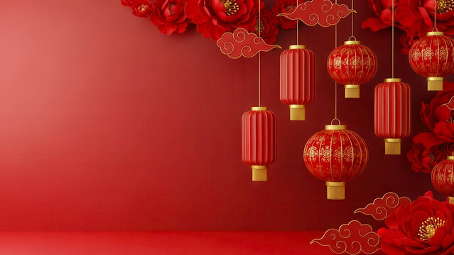 Vibrant red chinese lanterns and floral decorations create a festive atmosphere for lunar new year celebrations