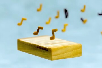 Wooden Piano with Floating Musical Notes on Blue Background