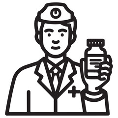 Simple Black Outline Medical Professional Holding Bottle Icon Design