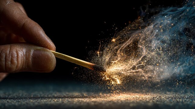 Close-up of a match igniting, creating sparks and smoke.