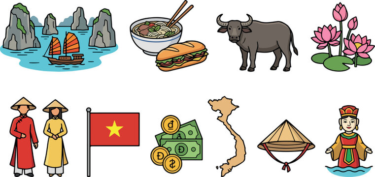 Colorful Vietnamese Cultural Elements Set