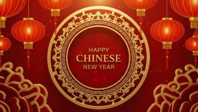 Traditional chinese new year celebration with glowing red lanterns and ornate golden decorative elements