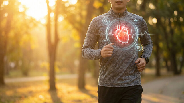 Jogger has a digital heart display while running outside at sunset. Ideal for promoting fitness apps, wearable technology, and active lifestyle products. Add a modern touch to your marketing materials