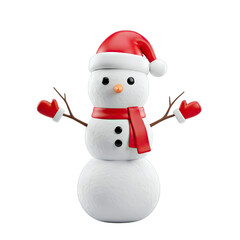 Joyful Snowman Wearing Santa Hat And Red Scarf With Mittens Standing Against Black Background And Offering A Welcoming Pose