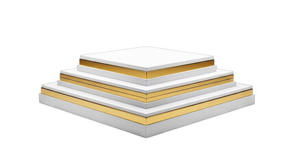 Tiered Pyramid Display Stand with Gold Trim and White Surfaces on a Transparent Background Showcasing a Luxurious and Elegant Presentation Platform