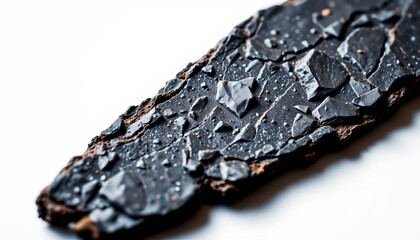 A close up of two pieces of charred wood with a white background, showcasing their dark, crumbling texture and scattered fragments.