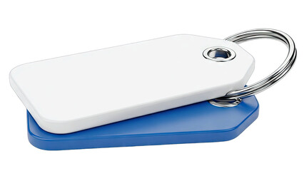 Two Blank Key Tags One White One Blue Stacked Together On A Transparent Background With A Metal Ring Attaching Them Together Product Photography For Copy Space