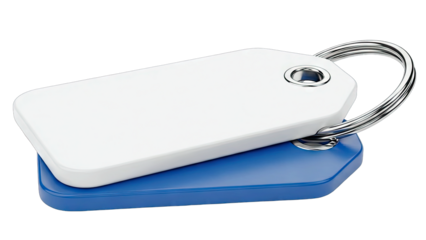 Two Blank Key Tags One White One Blue Stacked Together On A Transparent Background With A Metal Ring Attaching Them Together Product Photography For Copy Space