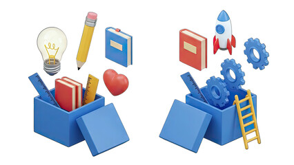 Two Blue Boxes Filled With Education And Innovation Elements Including Lightbulb Pencil Books Rocket Gears And Ladder On Transparent Background