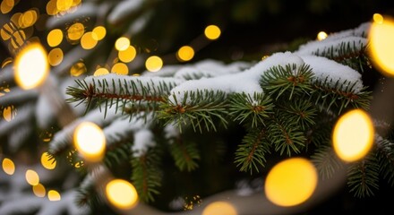 A snowy Christmas tree branch with snowflakes and glowing lights.