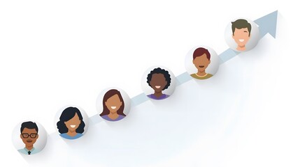 A clean, vector-style illustration of multiple diverse profile icons (different races, ages) connected by a single, strong, upward-trending arrow. Simple, modern, highly usable.