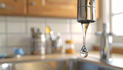 macro closeup water droplet faucet chrome kitchen interior reflection surface tension detail home living metal texture micro moment stillness domestic scene clarity shine droplet forming precise calm