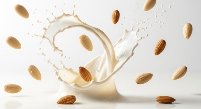 Almonds and milk splashing against a white background.