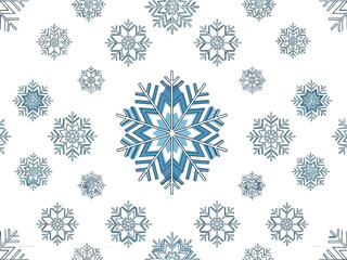 A seamless white background pattern featuring various sizes of blue and white stylized snowflakes