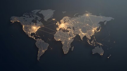 A minimalist, glowing map of the world, where major cities are connected by fine, pulsing lines of light, rendered in a sophisticated, muted gold and deep grey palette. Conceptual business_travel.