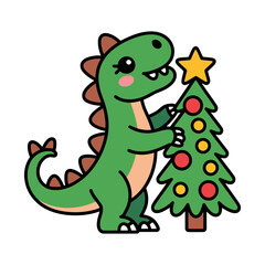 Cute Dinosaur Decorating Christmas Tree Cartoon Illustration