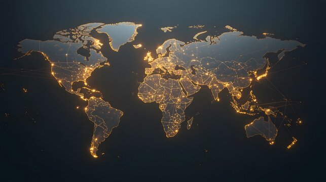 A minimalist, glowing map of the world, where major cities are connected by fine, pulsing lines of light, rendered in a sophisticated, muted gold and deep grey palette. Conceptual business_travel.