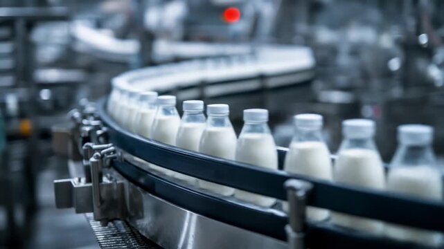 Milk bottles glide along a curved conveyor in a dairy plant beneath a red overhead light, visible..