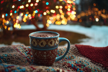 Cozy Christmas vibes with hot chocolate by the tree, perfect for holiday cheer and winter comfort, ready for festive season celebrations