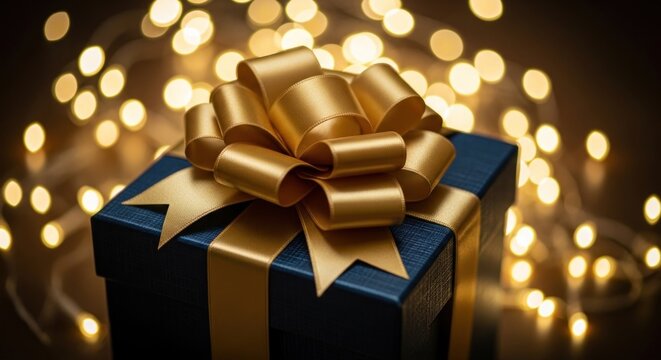 A blue gift box with a gold ribbon and a bow, set against a bokeh background of lights.
