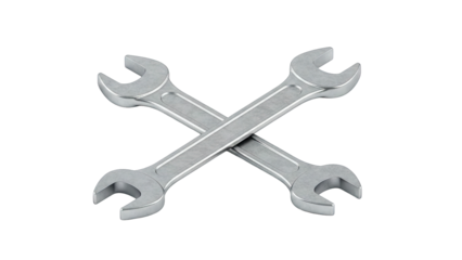 Two Silver Metal Wrenches Crossed Over Each Other Isolated on a Transparent Background Representing Tools and Mechanics
