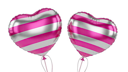 Two Silver And Pink Striped Heart Shaped Balloons Floating Transparent Background Romantic Celebration Decoration