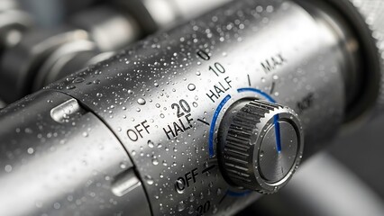 Close-up detail of wet metallic water faucet valve for temperature control