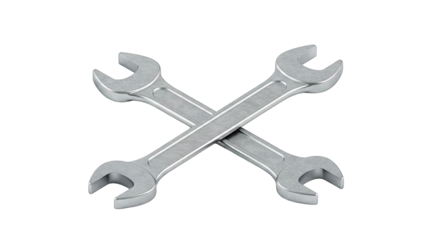 Two Silver Metal Wrenches Crossed Over Each Other Isolated on a Transparent Background Representing Tools and Mechanics