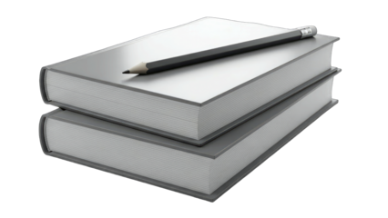 Two Stacked Gray Hardcover Books with a Black Pencil on Top Isolated on Transparent Background Studio Lighting Detailed Realistic Rendering