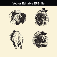 Obraz premium collection of four vintage style vector illustrations depicting cowboys interacting affectionately with american bison or buffalo in various poses and closeups
