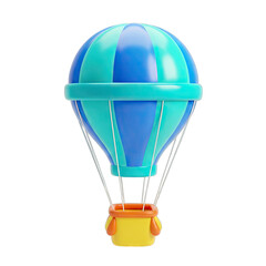Vibrant 3D Rendered Hot Air Balloon With Blue And Teal Stripes And Yellow Basket Isolated On A Clean White Background With Soft Studio Lighting