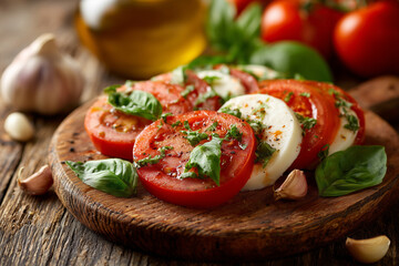 Fresh tomato and mozzarella salad with basil on wooden table