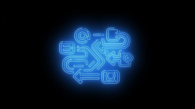 Neon complex workflow diagram with interconnected arrows and rotating nodes representing multi-step digital process