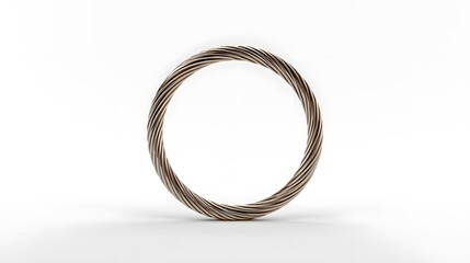 Hyper-realistic 3D render of a single, continuous, elegant loop of recycled metal and bioplastic, showcasing the materials in a sophisticated, minimalist white studio. Emphasis on materials and fluidi