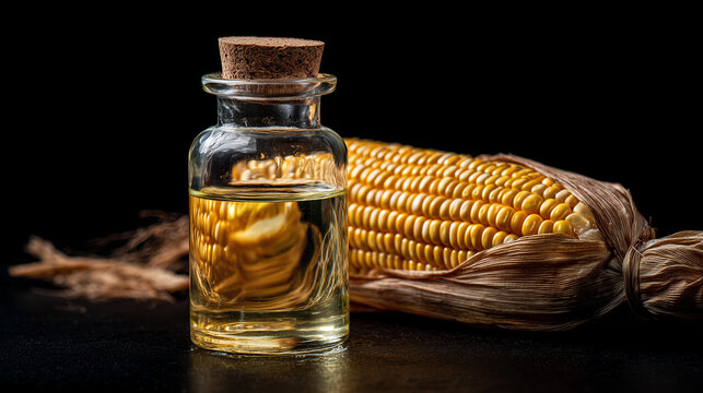 Fresh corn oil with natural corn on black background