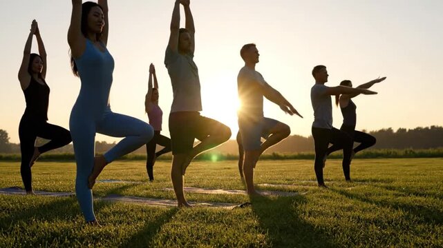 Group of diverse people practicing tree pose yoga during a serene outdoor class at sunset, embracing wellness and mindfulness in nature
