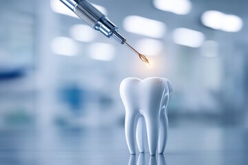 Dental drill bit with polished metal tip poised over tooth model