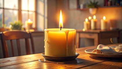 macro closeup candle flame flicker warm glow melted wax detail wooden table home living evening cozy atmosphere gentle light micro motion soft warmth intimate scene domestic calm
