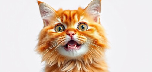 A fluffy orange cat with wide eyes and an open mouth making a comical, bewildered expression against a plain background,  entertainment, cat