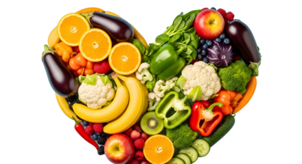 A vibrant assortment of fresh fruits and vegetables meticulously arranged in the shape of a heart, symbolizing a healthy diet and love for nutritious food