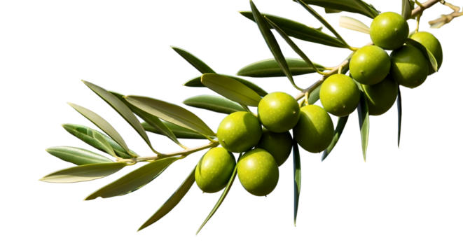 A fresh olive branch with a cluster of vibrant green olives and leaves, symbolizing peace and the Mediterranean diet, isolated on a white background