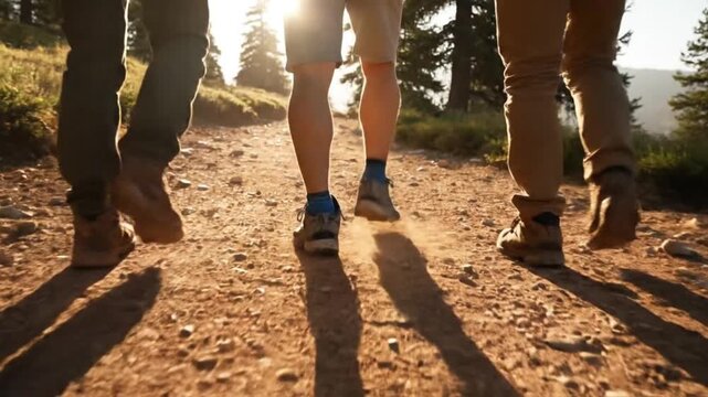 Capturing the spirit of adventure and companionship, a low-angle perspective follows the legs of three friends hiking on a sunlit trail