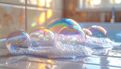 macro closeup soap suds bubbles tile bathroom foam detail rainbow reflection clean surface home living texture micro cluster shimmering bright domestic fresh cleansing scene