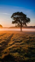 Lone tree in a misty field at sunrise with a path.