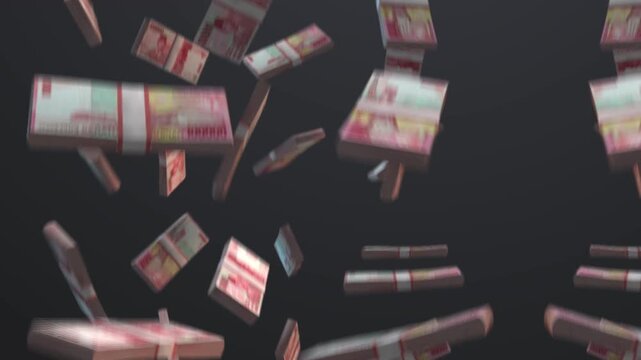 Bundles of falling money stacks drifting in midair, creating a cinematic finance wealth concept with dynamic currency and motion visuals.